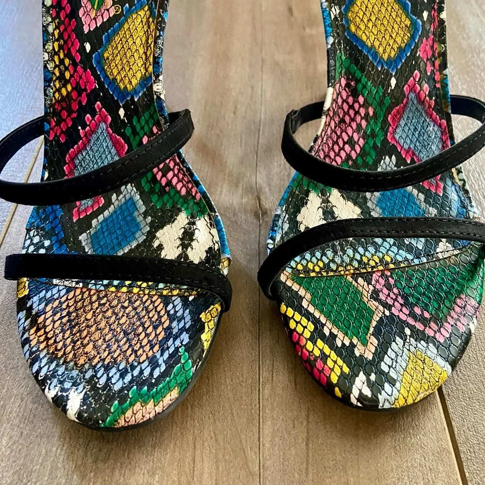 Anne Michelle Black Ankle Strap Snakeskin Heels